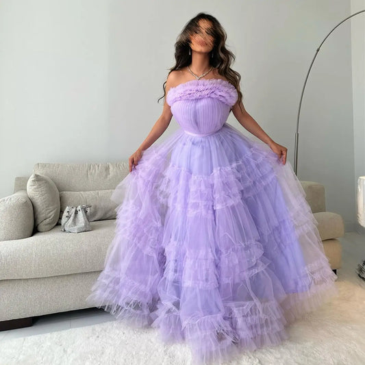 Strapless Tulle Lilac A-Line Party Evening Dress, Long Prom Dresses 2024