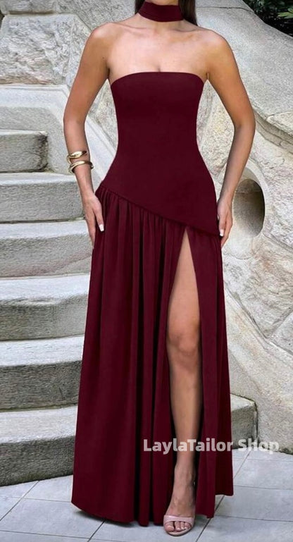 Brown Strapless Slit Prom Dresses Long Party Dress,LTP4549