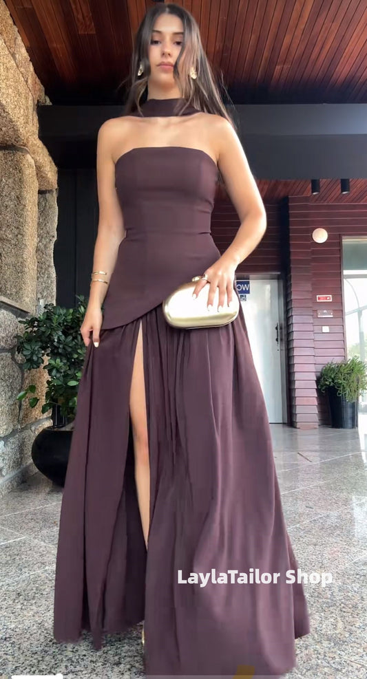 Brown Strapless Slit Prom Dresses Long Party Dress,LTP4549