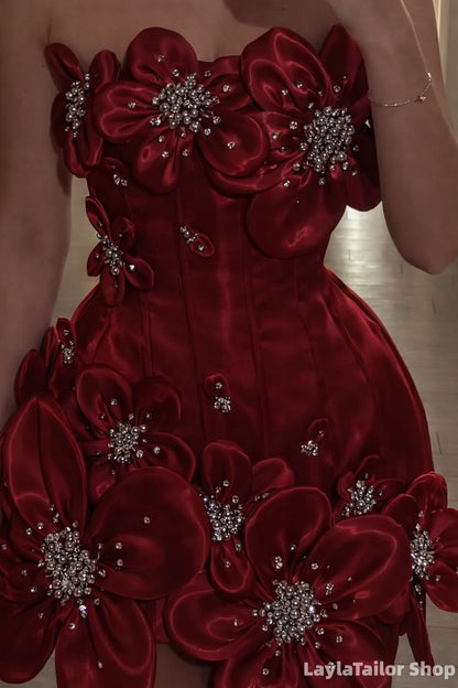 Burgundy Floral Beaded Short Homecoming Dresses