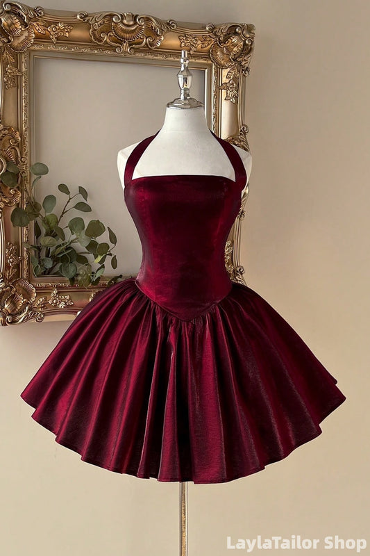 Burgundy Halter A-Line Homecoming Dress, Short Party Dresses LTP82748