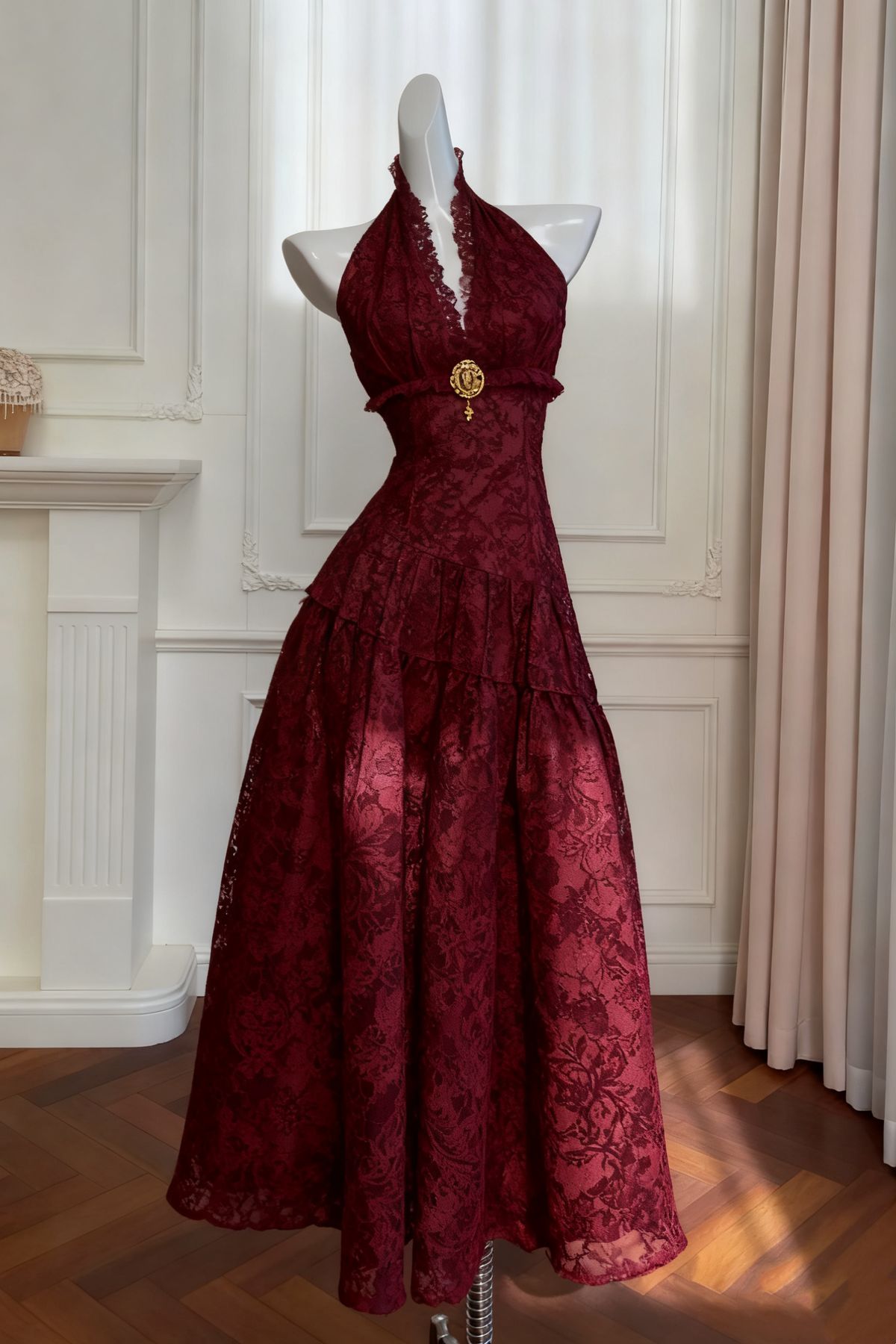 Burgundy Halter Lace Party Dresses Slim Middle Long Prom Dress,LTP4182