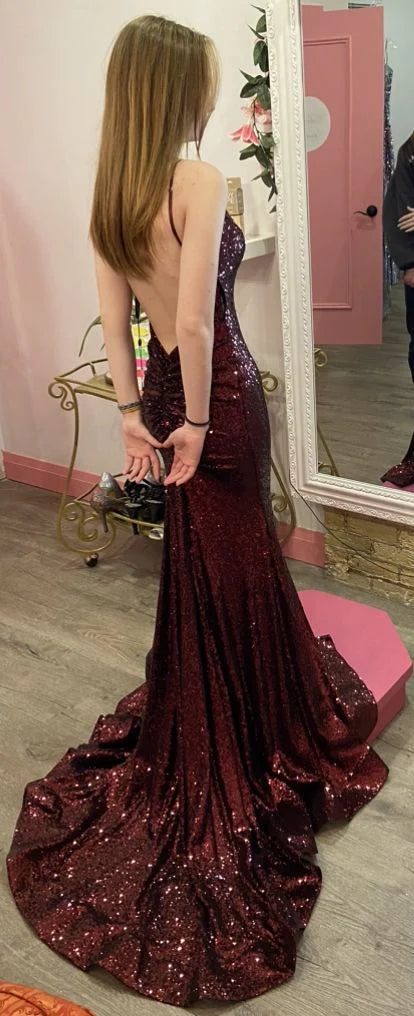 Burgundy Mermaid Sequined Long Prom Dresses