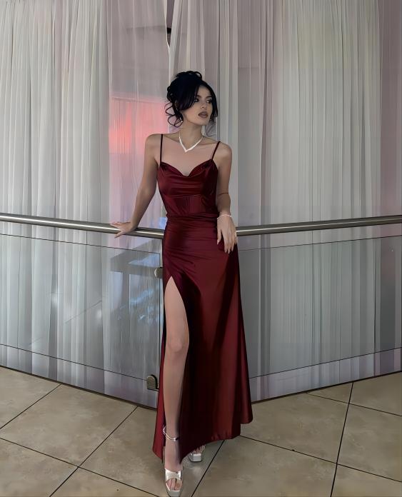 Burugndy Spaghetti Straps Long Prom Dress With Side Slit