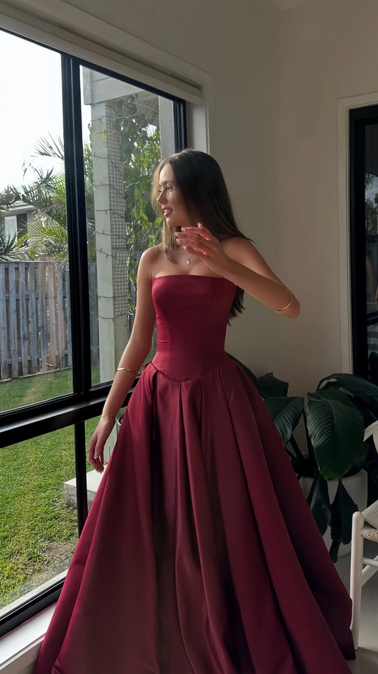 Burgundy Strapless A-line Senior Prom Dress Sleeveless Graduation Party Dresses,LTP4434