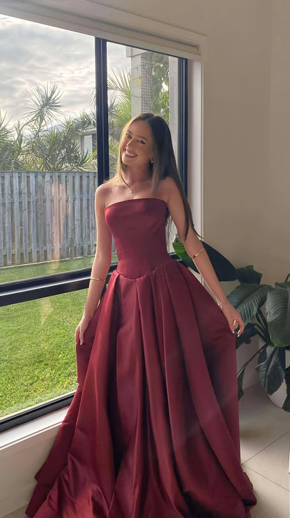 Burgundy Strapless A-line Senior Prom Dress Sleeveless Graduation Party Dresses,LTP4434
