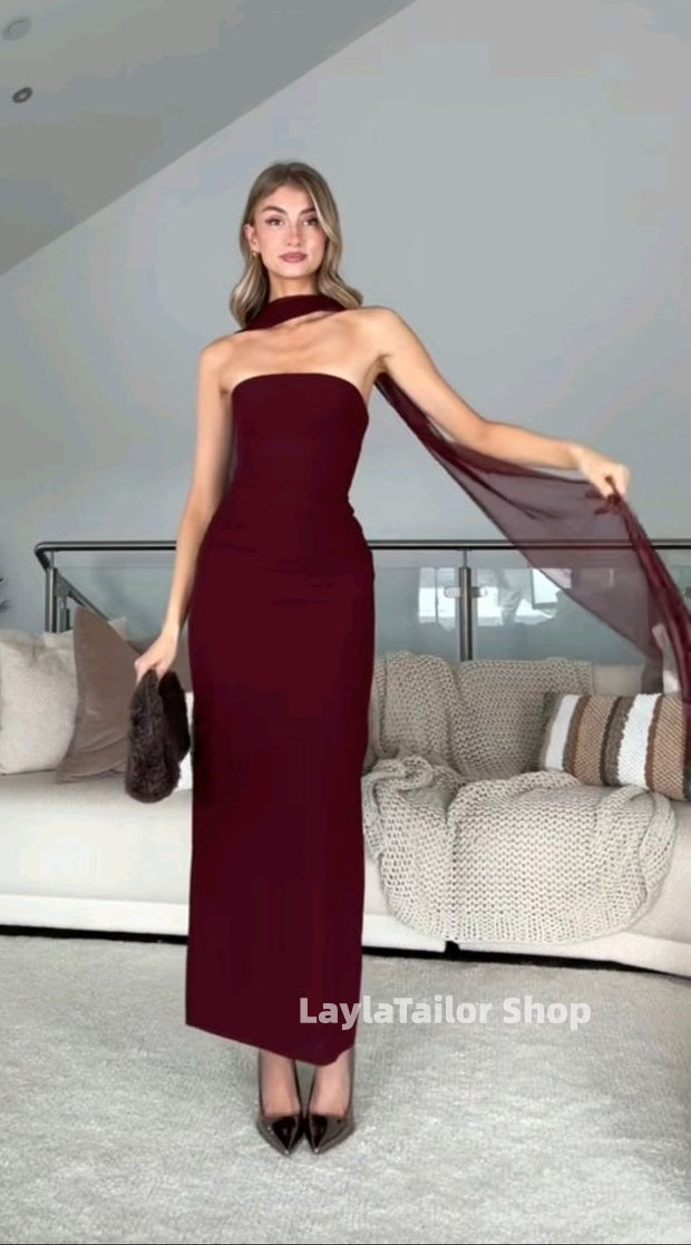 Burgundy Strapless Ankle Length Long Prom Dresses,LTP4580