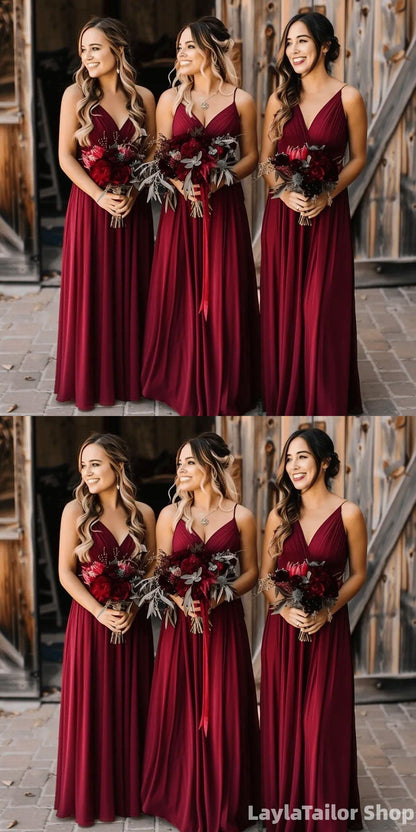 Burgundy V-Neck Chiffon Spaghetti Straps Bridesmaid Dresses