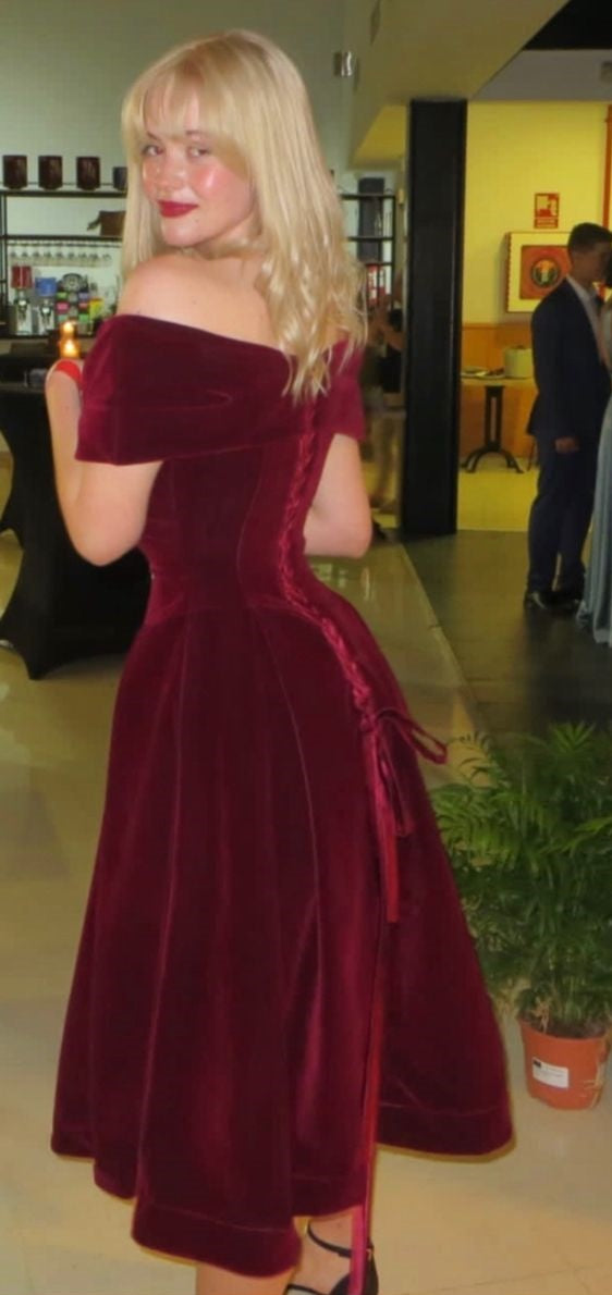Burgundy Velvet Party Dress Off The Shoulder A-line Midi Gradaution Dress,LTP4289