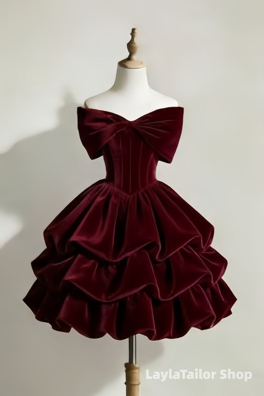 Burgundy Velvet Ruffle Homecoming Dresses Bowknot Shoulder Short Hoco Dress