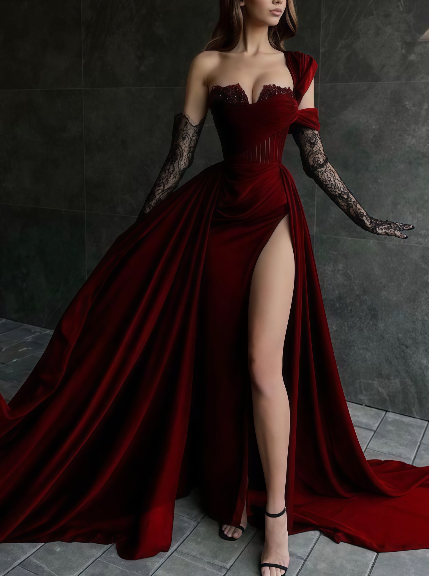 Burgundy Velvet Split Evening Prom Dress With Hight Split,LTP3540