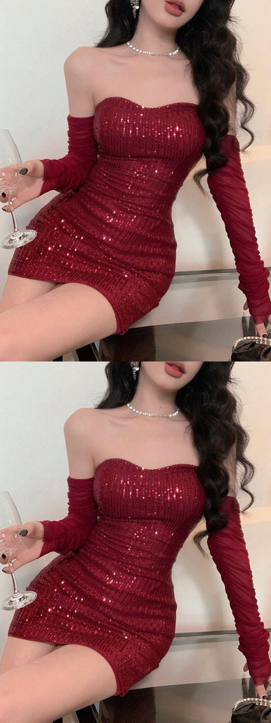 Burgundy Homecoming Dresses Tight Sequin Hoco Dress,LTP3828