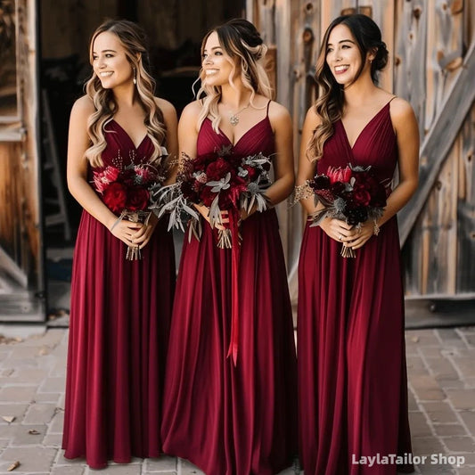 Burgundy V-Neck Chiffon Spaghetti Straps Bridesmaid Dresses