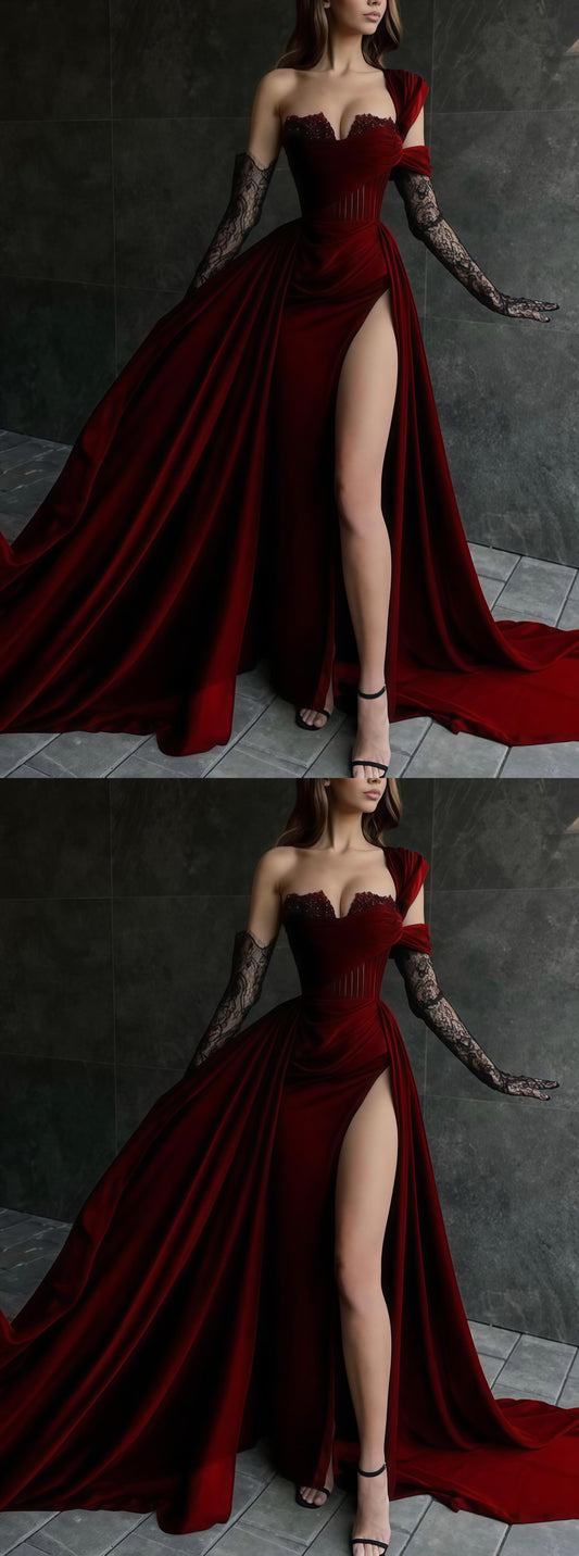 Burgundy Velvet Split Evening Prom Dress With Hight Split,LTP3540