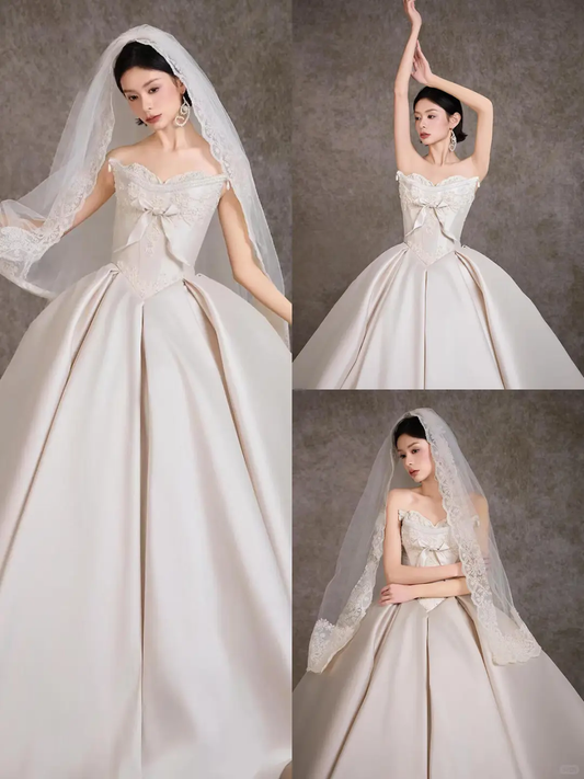 Classy Ball Gown Strapless Satin Lace With Veil Long Wedding Dresses