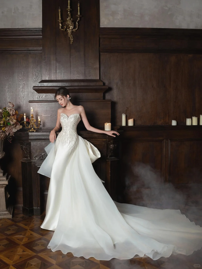 Timeless Mermaid Strapless Satin Sequin Beaded Long Wedding Dresses