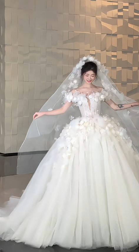 Pretty Ball Gown Strapless Tulle Applique With Veil Long Wedding Dresses
