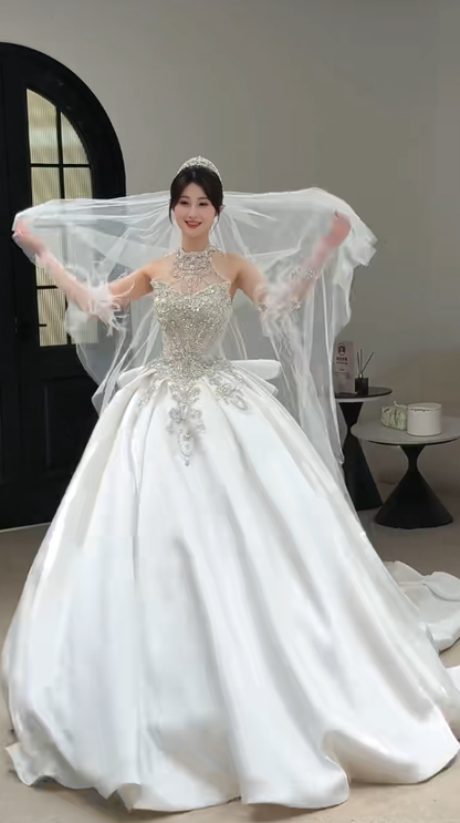 Timeless Ball Gown Halter Satin Sequin Beaded With Veil Long Wedding Dresses