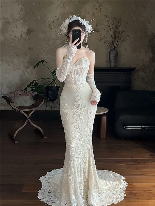 Vintage Mermaid Strapless Satin Lace Applique With Veil Long Wedding Dresses