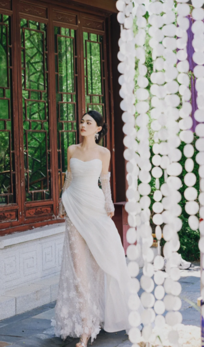Unique Mermaid Strapless Satin Tulle Applqiue With Sleeves Long Wedding Dresses
