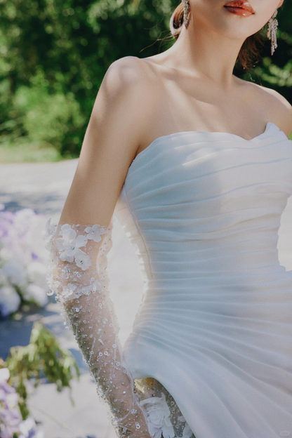 Unique Mermaid Strapless Satin Tulle Applqiue With Sleeves Long Wedding Dresses