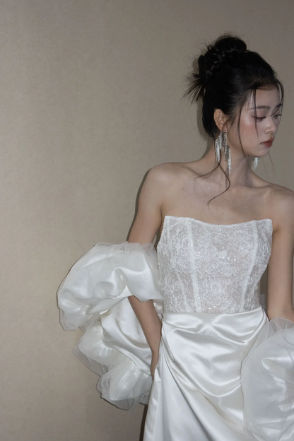 Elegant Mermaid Strapless Satin Lace Sequin Long Wedding Dresses
