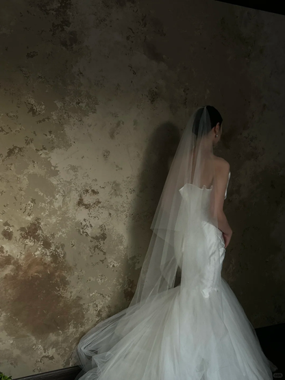 Dreamy Mermaid Strapless Satin Tulle With Veil Long Wedding Dresses