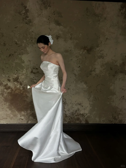 Simple Mermaid Strapless Satin Long Wedding Dresses