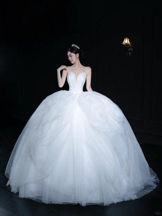 Timeless Ball Gown Strapless Satin Tulle Long Wedding Dresses