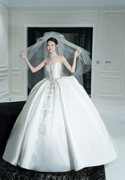 Timeless Ball Gown Strapless Satin Sequin Beaded With Veil Long Wedding Dresses
