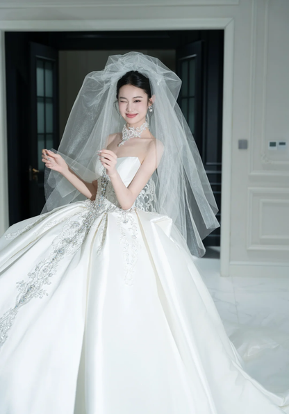 Timeless Ball Gown Strapless Satin Sequin Beaded With Veil Long Wedding Dresses