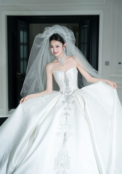 Timeless Ball Gown Strapless Satin Sequin Beaded With Veil Long Wedding Dresses