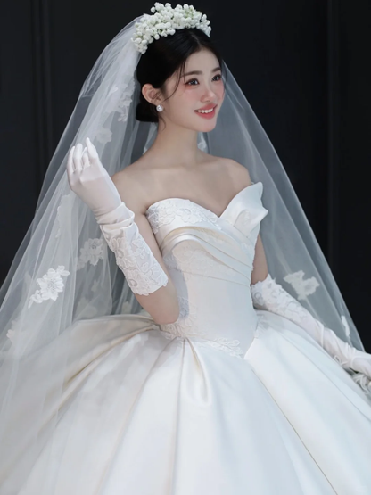 Dreamy Ball Gown Strapless Satin Applique With Gloves Veil Long Wedding Dresses