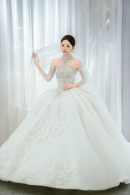 Timeless Ball Gown Strapless Tulle Sequin Beaded With Sleeves Veil Long Wedding Dresses