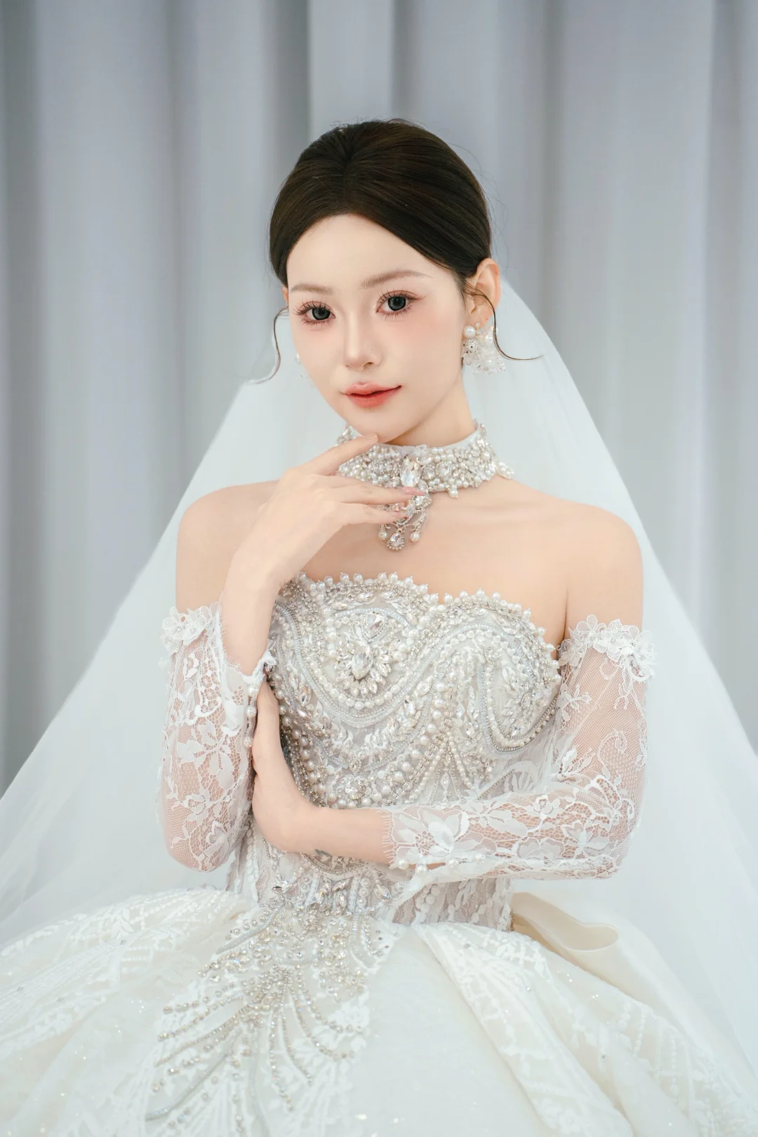 Timeless Ball Gown Strapless Tulle Sequin Beaded With Sleeves Veil Long Wedding Dresses
