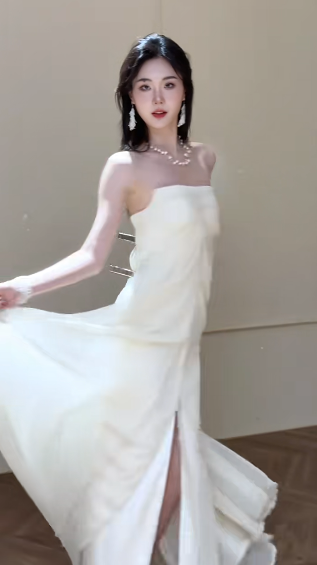 Unique A Line Strapless Satin Chiffon Long Wedding Dresses