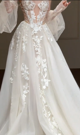 Unique A Line Off The Shoulder Tulle Applique Long Sleeves Long Wedding Dresses