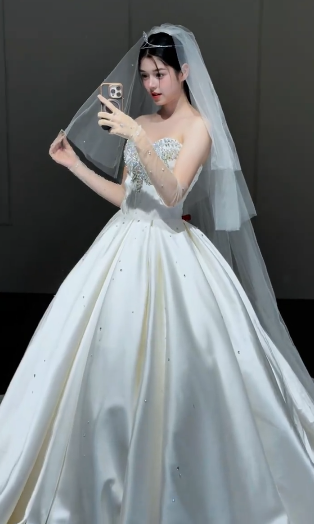 Timeless Ball Gown Strapless Satin Beaded With Veil Long Wedding Dresses