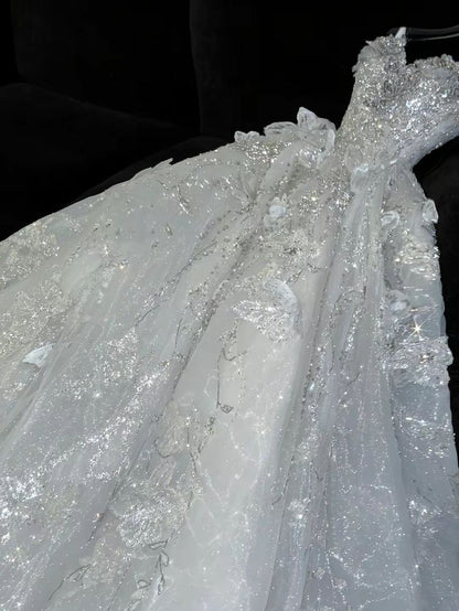 Timeless Ball Gown Spaghetti Straps Tulle Sequin Beads Long Wedding Dresses