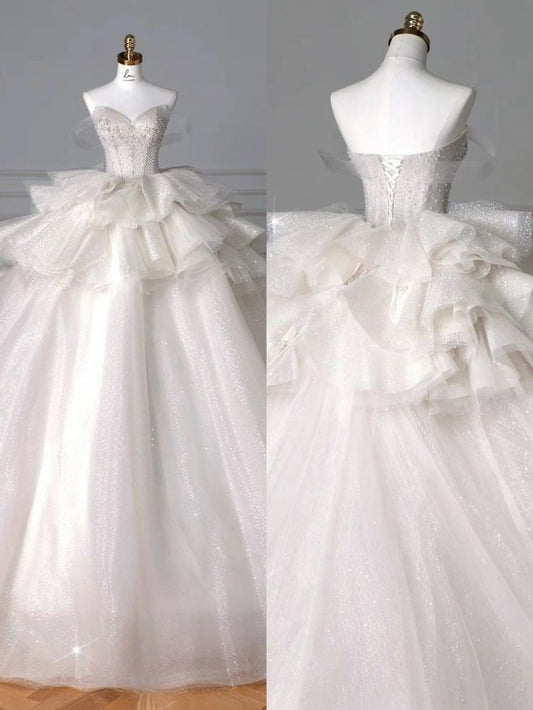 Gorgeous Ball Gown Off The Shoulder Tulle Sequin Beads Long Wedding Dresses