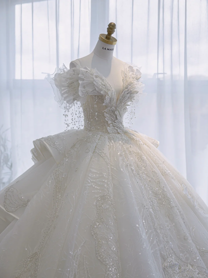 Timeless Ball Gown Off The Shoulder Tulle Sequin Beads Long Wedding Dresses