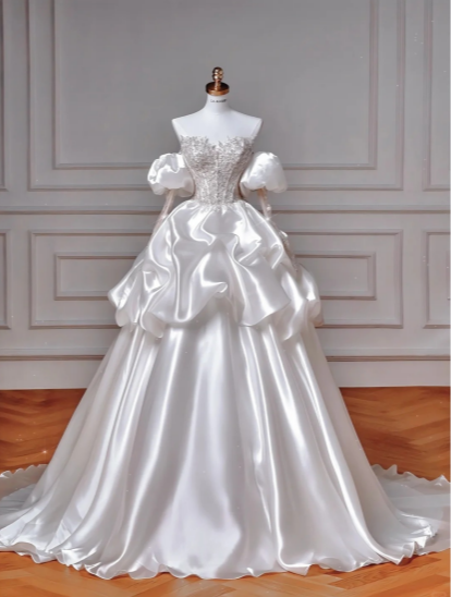Vintage  Ball Gown Off The Shoulder Satin Sequin Beads Long Wedding Dresses