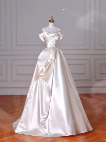 Simple Elegant A Line Off The Shoulder Satin Long Wedding Dresses