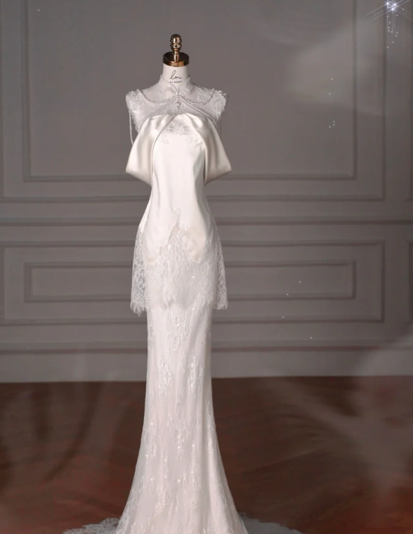 Gorgeous Mermaid Satin Lace Beads Long Wedding Dresses