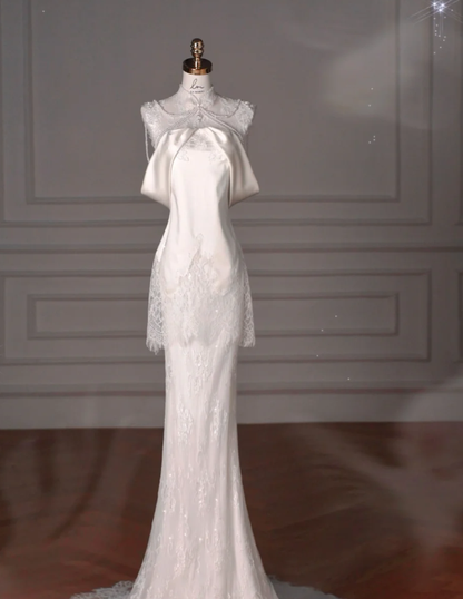 Gorgeous Mermaid Satin Lace Beads Long Wedding Dresses