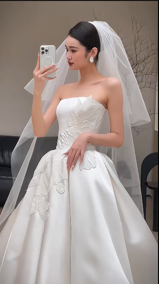 Classy Ball Gown Strapless Satin Applique With Veil Long Wedding Dresses