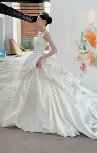Unique Ball Gown Square Satin Pleated Long Wedding Dresses