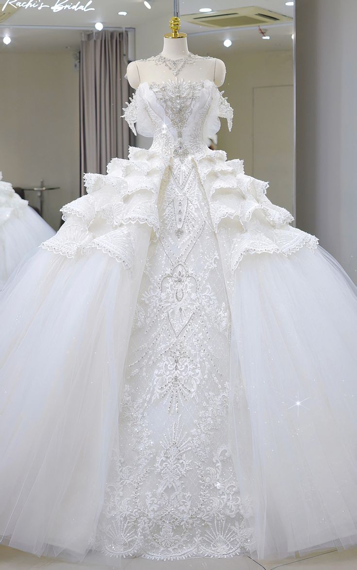 Gorgeous Ball Gown Off The Shoulder Tulle Lace Sequin Beads Long Wedding Dresses