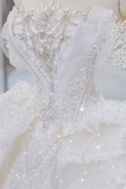 Gorgeous Ball Gown Off The Shoulder Tulle Lace Sequin Beads Long Wedding Dresses