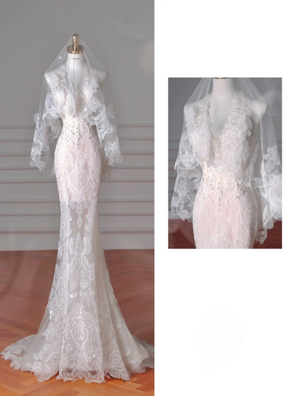 Dreamy Mermaid Halter Tulle Lace With Veil Long Wedding Dresses